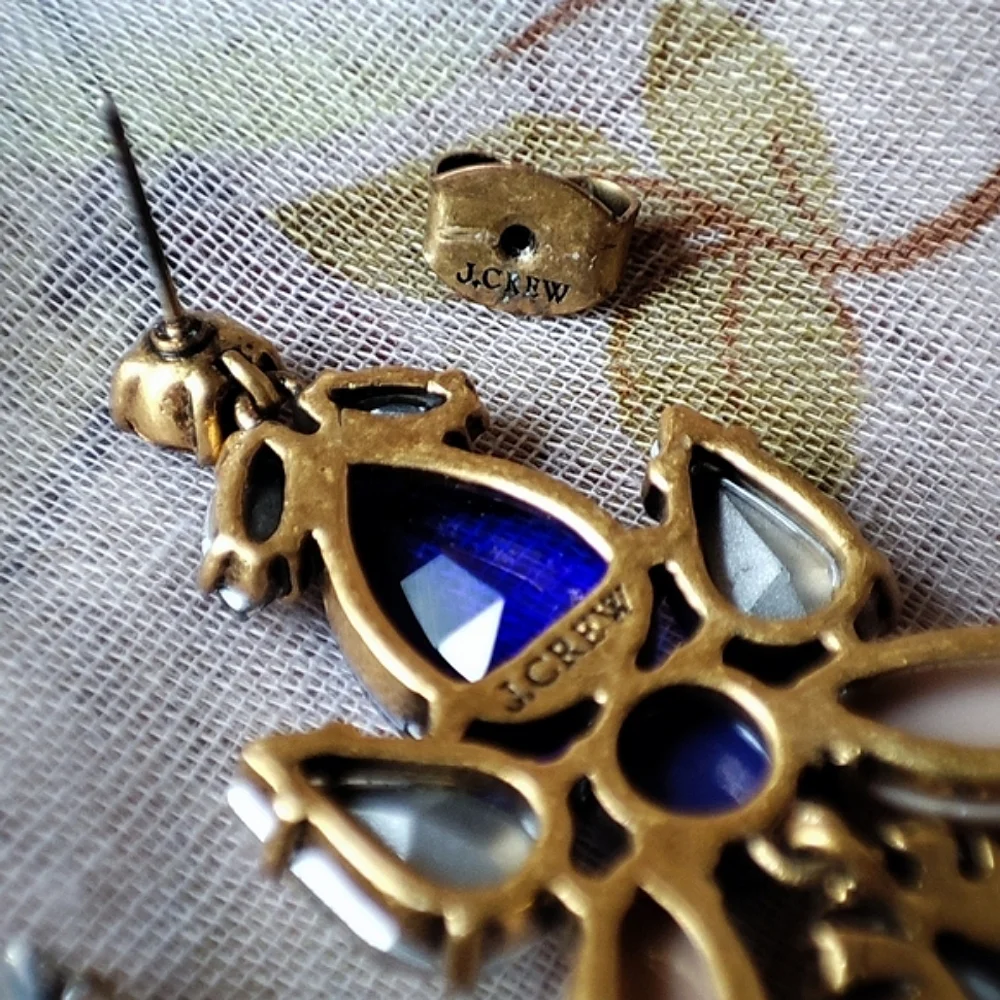 J. Crew Brand Sapphire Blue Opaque Cabachons Clear Rhinestones Pierced Earrings